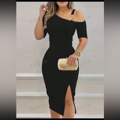 Size M (6) Never Used Casual Off-shoulder Bodycon Dress For Evening, Casual Off-shoulder Evening Bodycon Dress, Casual One-shoulder Midi Dress For Evening, Casual One-shoulder Evening Bodycon Dress, Casual One-shoulder Bodycon Evening Dress, Casual Evening Sheath Bodycon Dress, Casual Knee-length Bodycon Dress For Evening, Elegant Short Sleeve Dress For Going Out, Masters Graduation Dress