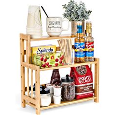 a wooden shelf filled with spices and condiments