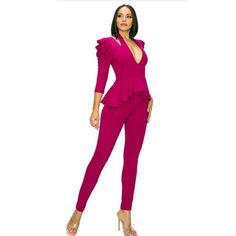 Magenta Peplum Jumpsuit Available In Size Small Medium Large Model Is Wearing A Size Small Small 2-4 Medium 6-8 Large 10-12 Fitted V-neck Jumpsuit With Ruffles, Fitted Jumpsuits And Rompers With Ruffles And V-neck, Fitted Solid Color Sets With Ruffles, Elegant Pink Stretch Jumpsuits And Rompers, Fitted Peplum Sets For Spring, Chic Fitted Purple Set, Fitted Ruffle Sets For Night Out, Fitted Pink V-neck Bodysuit, Fitted Ruffles Set For Night Out