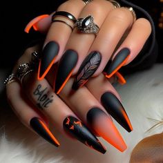 Server Nail Ideas, Black And Red Square Nails, Gothic Fall Nails, Fancy Summer Nails, Elegant Nail Art Classy, Extra Long Nail Ideas, Badass Nail Designs, Black And Orange Nails Acrylic, Nails Inspo Baddie