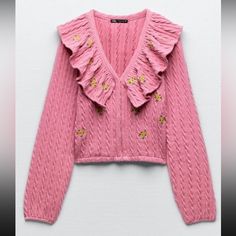 Nwt Zara Ruffle Floral Long Sleeve Pink Knit Spring Trendy Ruffled Cardigan, Trendy Ruffled Spring Cardigan, Spring Cable Knit Cardigan, Spring V-neck Ruffled Sweater, Feminine Knitted Sweater For Spring, Pink Casual Cardigan With Ruffles, Casual Pink Ruffled Cardigan, Casual Pink Cardigan With Ruffles, Pink Ruffled Cardigan For Spring