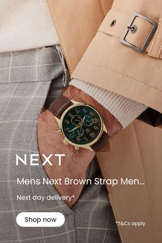 Smart casual gents watch with a brown strap. Gold colour metal case. Features a green dial with mock sub dial. Supplied in a gift box.  Main 100% Metal. Strap 100% Polyurethane. Green Watch Men, Green Dial Watch, Gents Watch, Green Watch, Brown Watches, Brown Leather Watch, Mens Watches Leather