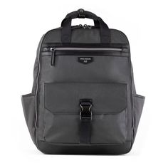 a gray backpack with black straps on the front and side pockets, sitting against a white background