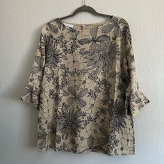 New Never Worn. Size Medium. Linen. Beige Floral Print Blouse For Brunch, Spring Taupe Tops For Workwear, Spring Taupe Blouse, Chic Beige Floral Print Tops, Slouchy Top, Bryn Walker, Long Sleeve Layer, Oversized Tunic, Dolman Sleeve Tops