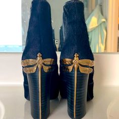 These Booties Are So Gorgeous. Navy Calf Hair Outer With Elastic Sides To Easily Pull On And Off. Super Beautiful Gold-Colored Dragon Fly Detail On The Heel. Worn Once. New Condition. Fab Shoes, Dragon Fly, Calf Hair, Tory Burch Shoes, Bootie Boots, Tory Burch, Insects, Ankle Boots, Women Shoes