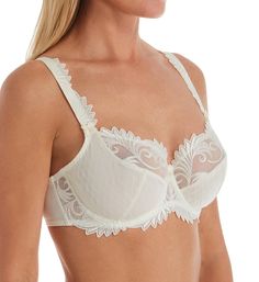 Plunge balcony bra features supportive sides and elegant details on cups and straps. Multi-part underwire cup has angled and vertical seams, with partial fine mesh lining for added support and comfort. Sheer mesh upper cup has an ornate, sewn-on lace applique and elastic to maintain fit. Opaque microfiber overlay on bottom cup has a textured jacquard-knit pattern. Center - tall, narrow arched panel has a small satin bow at top. Front underside has embroidered lace, with a sewn-on inner elastic u Balcony Bra, Jacquard Knit, Satin Bow, Lace Applique, Bra Cups, Embroidered Lace, Bra Lingerie, Knit Patterns, Leotards