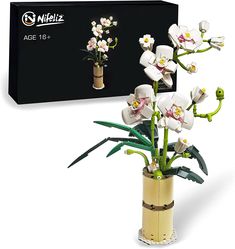 a vase filled with white flowers next to a box