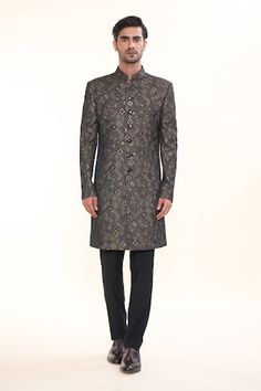 Black jacquard sherwani with geometric embellishment. - Aza Fashions Sherwani For Men, Band Collar, Aza Fashion, Full Sleeve, Band, Collar, Black