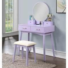 a purple vanity with a mirror and stool