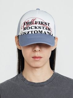 Editor's notesIt is a trucker cap in a mix of two colors, gray and white. The cap has extra depth compared to the existing trucker cap design which makes a stylish fit. The collection’s subject ‘THE FIRST ROCKSTAR LISZTOMANIA’ is embroidered on the graphic print of the signature lettering.- Trucker cap- Graphic print- Lettering embroidery- Size adjustable- Polyester fabricMeasurements(in.)One Size- Circumference: 21.7- Height: 4.1 in. - Brim Length: 3 in.*Model info: Height 5’ 10” Weight 12 Gray Summer Trucker Hat With Curved Bill, Gray Curved Bill Trucker Hat For Summer, Summer Gray Trucker Hat With Curved Bill, White Trucker Baseball Cap With Curved Visor, White Trucker Hat With Letter Print Visor, White Trucker Hat With Curved Visor, White Hip Hop Trucker Hat With Letter Print, Trucker Hat With Curved Visor For Streetwear, Curved Visor Trucker Hat For Streetwear