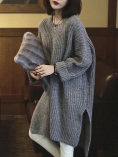 Casual Sweaters Women, Solid Dress Casual, Long Sweaters For Women, Pullover Outfit, Thick Sweaters, Grey Knit Sweater, Long Pullover, 가을 패션, Knit Outfit