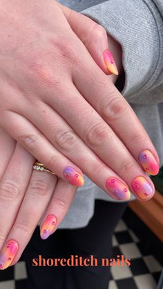 Pink, yellow + purple faded ombre with pink gems on almond nails Pink Gem, Yellow Purple, East London