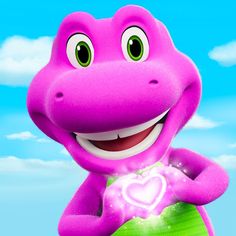 a purple dinosaur holding a heart in its hand with clouds and blue sky in the background