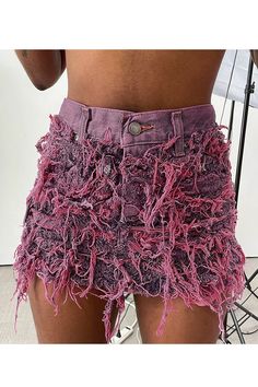 Frayed Denim Mini SkirtFringe - Front ButtonMODEL IS WEARING A SMALL Custom Mini Skirt, Distressed Skirt Outfits, Custom Skirt Denim, Custom Denim Skirt Outfit, Denim Skirt Upcycle, Distressed Skirts, Denim Skirt Outfit Black Women, Short Jean Skirt Outfits, Custom Skirt