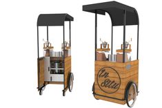 an old fashioned food cart is shown with the top open and bottom closed to show it's contents