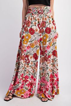 Floral Flare Wide Leg Pants | JQ Clothing Co. Full Length Floral Print Wide Leg Pants For Summer, Vacation Rayon Ankle-length Pants, Flowy Wide Leg Rayon Pants For Spring, Flowy Viscose Bottoms For Summer, Flowy Rayon Wide Leg Pants For Spring, Flowy Floral Print Beach Bottoms, Vacation Rayon Wide Leg Trousers, Flowy Rayon Bottoms With Elastic Waistband, Spring Vacation Rayon Pants