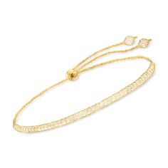 Ross-Simons - Italian 3.00 ct. t. w. Cubic Zirconia Mesh Bolo Bracelet in 14kt Yellow Gold. Made in Italy, this bolo bracelet is right in line with the trends of today. Fine threads of 14kt yellow gold are woven into mesh and filled with 3.00 ct. t. w. CZs. Adjusts to fit most wrists with a sliding closure. CZ bolo bracelet. CZ weights are diamond equivalents. Diamond Anklet, Italian Gold Jewelry, Mixed Metal Bracelets, Pearl Bracelet Gold, Pearl Strands Necklace, Pearl Anklet, Diamond Tennis Necklace, Bolo Bracelet, Mixed Metal Earrings