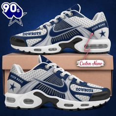 an image of a pair of sneakers with the cowboys logo on them in blue and white