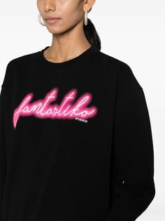 PINKO text-print Cotton Sweatshirt - Farfetch Text Print, Fuchsia Pink, Pink Cotton, Print Logo, Logo Print, Drop Shoulder, Printed Cotton, Fashion Branding, Shirt Designs