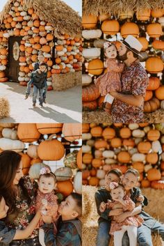 a collage of photos with people and pumpkins in the background, one woman holding a baby