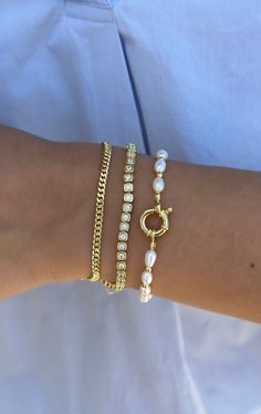 Pearl Bracelet – Embark Fine Jewelry Hoco Jewelry Gold Earrings, Pearl And Gold Bracelet Stack, Gold Bracelet With Pearls, Gold Bracelet Stacking, Minimalist Bracelet Stack, Coastal Granddaughter Bracelets, Homemade Gold Jewelry, Elegant Bracelet Stack, Everyday Gold Bracelet Stack