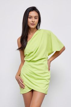 One Shoulder Wrap Dress LIME S Dress One Shoulder Wrap Dress, One Shoulder Drape Dress, Shoulder Wrap, Draped Dress, Mini Wrap Dress, Sheer Fabrics, Dress First, Dress Fabric, Women's Fashion Dresses