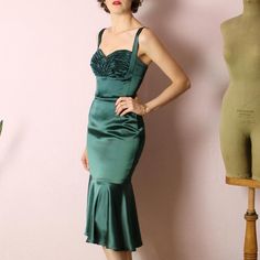 RTW dark green satin dress sweetheart straps mermaid dress | Etsy Retro Evening Dress With Sweetheart Neckline, Party Mermaid Dress With Ruched Bodice, Green Fitted Evening Dress With Mermaid Hem, Green Fitted Mermaid Hem Evening Dress, Fitted Green Evening Dress With Mermaid Hem, Fitted Green Mermaid Hem Evening Dress, Green Fitted Evening Dress With Spaghetti Straps, Fitted Green Evening Dress With Spaghetti Straps, Green Evening Dress With Spaghetti Straps