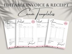 three editable invoice and receipt templates with pink accents on the front