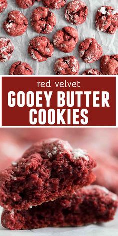 red velvet gooey butter cookies stacked on top of each other with the title above it