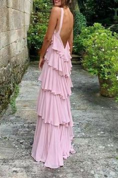 A Line Straps Tiered Chiffon Floor Length Long Prom Dress Pink Bridesmaid Dress Lulus Wedding, Prom Dress Pink, Backless Evening Gowns, Robes Glamour, Pink Bridesmaid Dress, Floor Length Prom Dresses, Looks Party, فستان سهرة, Pink Prom Dresses