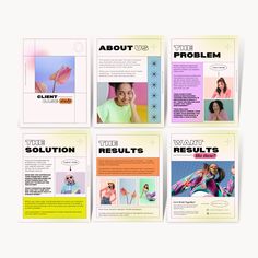 four brochures with images of women in different colors and styles, all on one page