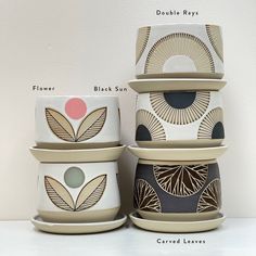 Julems Ceramics Planters for 4-4.5 plants in flower design, black sun, sun rays and carved leaf patterns. Mitchell Grafton, Ceramics Planter, Olive Palette, Sgraffito Ideas, Terracotta Paint, Scandinavian Aesthetic