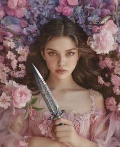 a beautiful young woman holding a knife in front of her face with flowers all around her