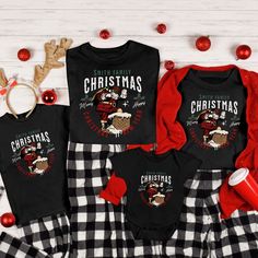 "Family Christmas Shirts Black Santa Matching Christmas Shirts Custom Christmas Pajama shirt African American Personalized Family Group Shirt ORDERING INSTRUCTIONS 1-) Please, Check and Review all Photos. 2-) Choose Your T-Shirt Size from the Size Menu. 4-) Choose the quantity amount 5-) Click ADD TO CART. You can go back to add more products 6-) Please click the \"Proceed to Check Out\" button PRINT ▸ This is a Direct-To-Garment printed item ▸ The ink is printed INTO the fabric, not sitting on top of it WASHING INSTRUCTIONS ▸ Wash inside out, in cold water, on gentle cycle. Tumble dry low or let air dry ▸ Do not use Fabric Softeners or Bleach ▸ Do not dry clean. Avoid ironing on the design. SIZE ▸ Take a look at the photos to see a specific sizing chart for each shirt option Shirt color o Black Santa Christmas Shirts, Black Long Sleeve Christmas T-shirt, Black Winter Holiday T-shirt, Festive Holiday Black Top, Black Top For Festive Holiday Occasions, Black Crew Neck Christmas T-shirt, Black Crew Neck Top For New Year, Black Crew Neck T-shirt For Holidays, Black Holiday Shirt