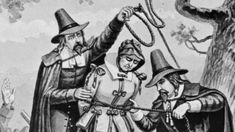 an old black and white drawing of two men pulling a woman's neck with a rope