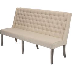 an upholstered bench with wooden legs and buttons on the backrests, in beige fabric