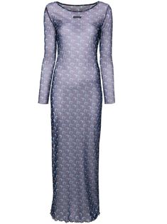 Midi dress from Marine Serre in sheer blue stretch mesh with light blue moon prints, long sleeves, crew neck. Dress Reference, Maxi Dres, Versace Designer, Blue Electric, Scallop Hem, Lettuce Hem, Moon Print, Marine Serre, Summer Beach Wear