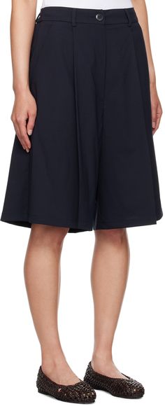 Stretch recycled polyester- and wool-blend delaine shorts. · Belt loops at partially elasticized waistband · Four-pocket styling · Zip-fly · Pleats at front · Logo flag at back pocket Supplier color: Night High-waisted Bermuda Shorts With Elastic Waistband For Work, Bermuda Work Shorts With Elastic Waistband, Knee-length Workwear Shorts With Elastic Waistband, Knee-length Shorts With Elastic Waistband For Work, Back Pocket, Wool Blend, Flag, Wool, Navy