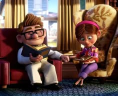 an animated image of two people sitting on a couch with the caption carl and eliie