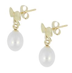 Elegant and romantic, these Mid-Century cultured pearl earrings are crafted in 14K yellow gold and feature a lustrous 6 millimeter oval shaped cultured pearl ( June Birthstone ) dangling from a graceful polished gold bow. These feminine 1950's design pearl drop earrings measure 11/16 inch long and 5/16 inch wide and feature secure notched posts and comfortable 14K gold butterfly backs. Pear-shaped 14k Gold Pearl Earrings, Fine Jewelry Yellow Gold Pear-shaped Pearl Earrings, Elegant Yellow Gold Pearl Earrings, Tarnish Resistant, Classic Yellow Gold-plated Pearl Earrings, Bows And Pearls, Luxury Vintage Yellow Gold Pearl Earrings, 1950s Design, Gold Butterfly, June Birthstone