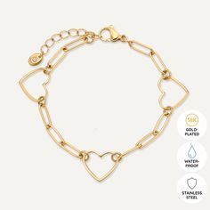 This charming piece features a series of open-heart charms connected by modern gold-plated links, creating a beautiful balance of romance and contemporary style. The delicate yet bold design makes this bracelet perfect for everyday wear or special occasions. Crafted with 18K gold-plated material, this bracelet is water-proof, tarnish-free, and hypoallergenic. The adjustable clasp ensures a secure and comfortable fit, making it an essential accessory for those who love to wear their heart on their sleeve. Product Code: DB2230K Collection: Vibes Type: Clasp Material: 18K Gold-Plated Stainless Steel Dimensions: Length 18-21cm Pendant Dimensions: Style: Heart, Modern Includes: Elegant Gold-tone Heart Bracelet, Gold Heart Bracelet With Delicate Chain, Elegant Metal Chain Bracelet With Heart Charm, Yellow Gold Heart Bracelet In Metal, Modern Heart Bracelet For Gift, Modern Heart Bracelet As Gift, Yellow Gold Metal Heart Bracelet, Yellow Gold Heart Bracelet, Elegant Gold Open Heart Bracelet