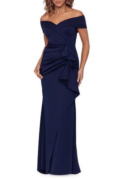 This smooth scuba-knit gown sits perfectly off the shoulders to showcase your smile, while soft ruffles create depth and texture. 62" length Hidden back-zip closure Off-the-shoulder neck Short sleeves Lined 95% polyester, 5% spandex Dry clean Made in the USA Vince Camuto Lace And Taffeta Off The Shoulder Dress, Luxury Fitted Off Shoulder Dress With Boat Neck, Luxury Blue Mother Of The Bride Dress For Gala, Elegant Mother Of The Bride Dresses Classy Blue, Morher Of Bride Navy Dress, Dinner Dress Classy Nordstrom, Luxury Elegant Blue Mother Of The Bride Dress, Off The Shoulder Elegant Dresses Classy, Mother Of The Groom Off The Shoulder Dresses