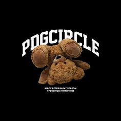 a brown teddy bear sitting on top of a black background with the word poggicle