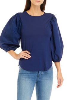 Highlight the best features of your look with this chic top from Cupio. Features a round neckline and elbow puff sleeves. | Cupio Women's Elbow Poplin Sleeve Knit Top, Blue, X-Large Chic Puff Sleeve Top With Crew Neck For Spring, Blue Puff Sleeve Top With Gathered Sleeves, Spring Crew Neck Puff Sleeve Top With Gathered Sleeves, Chic Blue Puff Sleeve Top For Fall, Chic Crew Neck Top With Gathered Sleeves, Blue Workwear Top With Gathered Sleeves, Blue Puff Sleeve Blouse With Elastic Sleeves, Blue Top With Gathered Sleeves For Work, Blue Tops With Gathered Sleeves For Work