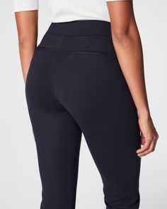 This smoothing pant comes in our premium ponte fabric with targeted compression built in, powered by SPANX CoreSure Tech™. With comfortable 4-way stretch and a high rise waist, this slim straight pant will have you feeling smooth from tummy to thigh, and oh-so-comfortable throughout the leg. No zippers, no buttons, and no pockets (so no bulk!) at the hips—all for the ultimate smoothing effect. | Spanx Women's SPANXsmooth PerfectFit Ponte Slim Straight Pant High Waist Comfort Stretch Leggings For Work, Fitted Elastane Ankle-length Dress Pants, Fitted Elastane Pants For Business Casual, Fitted Ankle-length Elastane Dress Pants, Stretch Pants With Contoured Waistband, Versatile Ankle-length Activewear Pants For Work, High Stretch Elastane Pants With Contoured Waistband, Versatile Elastane Ankle-length Dress Pants, Chic Elastane Leggings For Business Casual