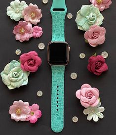 *Your engraved Apple Watch Band is handmade and therefore unique and one of a kind! *Color in photos: Turquoise *Watch Size: Compatible with 38mm, 40mm, 42mm, 44mm watch sizes. *Watch Band Lengths: 38/40mm - Small/Medium fits wrist circumference 5.1-7.1 inches (130-180 mm) - Medium/Large fits wrist circumference 5.9-7.9 inches (150-200 mm) 42/44mm - Small/Medium fits wrist circumference 5.5-7.3 inches (140-185 mm) - Medium/Large fits wrist circumference 6.3-8.3 inches (160-210 mm) *Watch Band Ma Customizable Green Watch Bands For Gift, Turquoise Watch, Fitbit Bands, Best Apple Watch, Flower Watch, Blue Hibiscus, Flower Band, Faith Love, Faith In Love