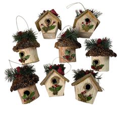 six bird houses with pine cones and holly