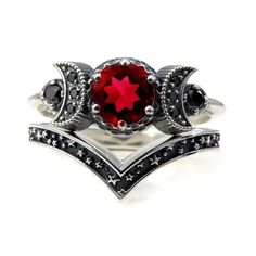 Moon & Stars Ring Set Simulated Red & Black Stone Metal Alloy Purple Stone Rings, Triple Moon Goddess, Black Diamond Engagement, Triple Moon, Moon Ring, Black Diamonds, Crystal Wedding, Purple Crystals, Red Crystals