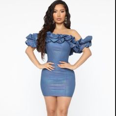 Fashion Nova Feeling Just Right Bodycon Mini Dress With Off The Shoulder Ruffles -M Blue Fitted Mini Dress With Ruffles, Spring Blue Bodycon Dress With Ruffles, Blue Bodycon Dress With Ruffles For Spring, Blue Ruffled Bodycon Party Dress, Blue Ruffled Bodycon Dress For Party, Blue Ruffled Bodycon Dress For Summer, Blue Bodycon Dress With Ruffles For Summer, Blue Ruffled Bodycon Dress For Date Night, Sheer Lace Bodycon Dress