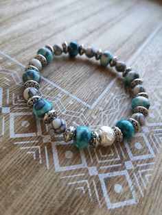 Bracelet elastic women, turquoise, white, silver, boho, howlite stone natural abacus, Bohemian, gift, Pearl, made with love Howlite Stone, Mala Beads, Ring Bracelet, Handmade Bracelets, Womens Bracelets, Mens Bracelet, Natural Stone, Natural Stones, Onyx